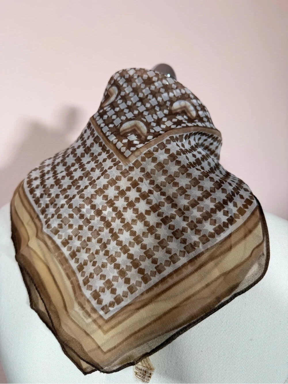 Vintage camel brown semi sheer star rattan art deco neckerchief square scarf